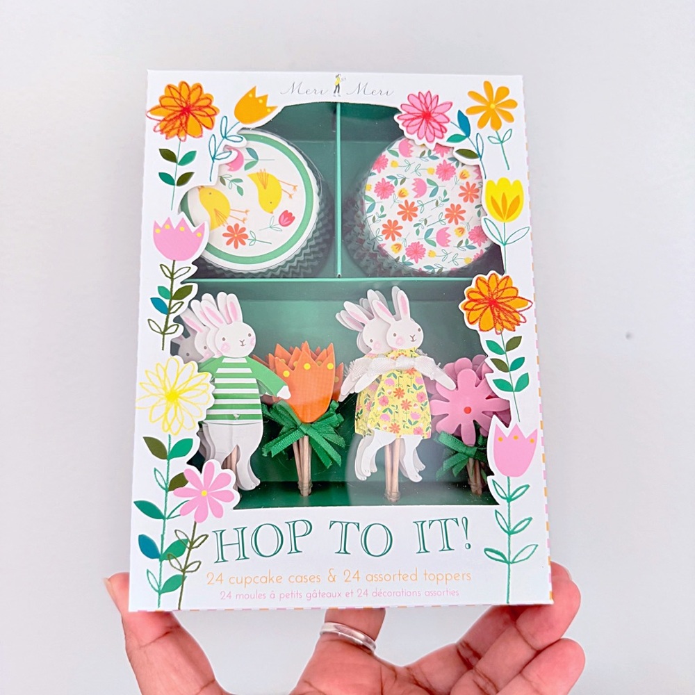 Meri Meri HOP TO IT Easter Cupcake Kit with Bunny and Flower Toppers